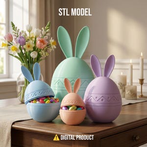 May include: Four pastel-colored Easter egg-shaped containers with bunny ear lids. The blue container is open, revealing colorful candies. The other containers are green, peach, and purple. The image includes the text "STL MODEL" and "DIGITAL PRODUCT".