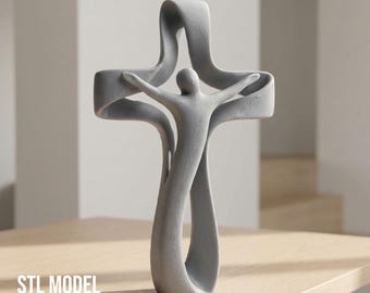 May include: A gray sculpture of a person with outstretched arms within a cross-shaped design. The sculpture has a textured surface and is on a wooden table. The text "STL MODEL ! DIGITAL PRODUCT" is at the bottom.