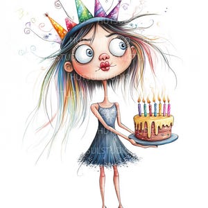 10 PNG Quirky Birthday Cake Clip Art, Watercolor Girl Clip Art, Junk Journaling, Scrapbooking, Card Making, Digital Download, Whimsical Girl
