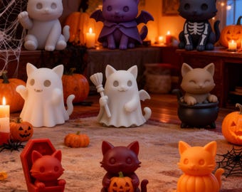 May include: A collection of Halloween-themed cat figurines in various poses and costumes. The cats are in colors like white, purple, black, and orange. Some cats are dressed as ghosts, bats, and skeletons, while others hold pumpkins or sit in a cauldron.