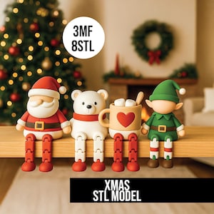 Puede incluir: Una decoración navideña con Papá Noel, un oso polar, una taza de chocolate caliente con malvaviscos y un elfo. Cada figura tiene piernas rojas y blancas. Se incluye el texto "XMAS STL MODEL".
