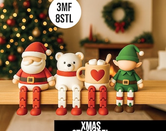 Flexi Sitting Christmas Toys STL + 3MF Set, 3D-utskrivbara ledade figurer för hyll- eller skrivbordsdekor, festliga julfigurer digitala