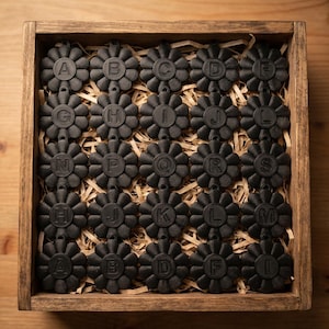 May include: A wooden box filled with black, flower-shaped alphabet charms. Each charm has a letter from the alphabet, from A to M, and is arranged on a bed of straw. The box is made of light brown wood.