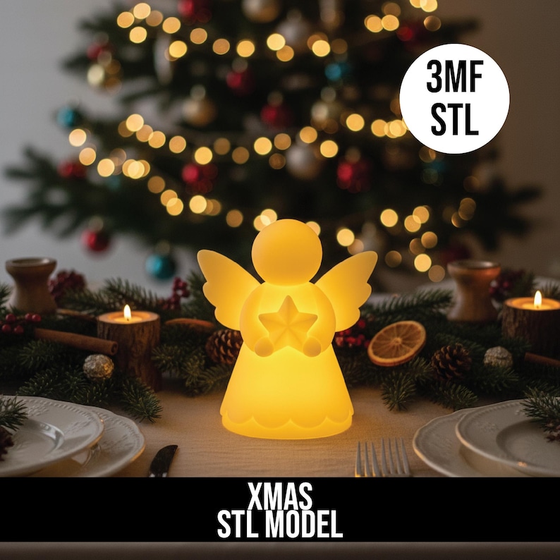 May include: A glowing yellow angel-shaped Christmas decoration with a star in its center. The angel is on a table set for a holiday meal, with candles and a Christmas tree in the background. Text on the image reads "3MF STL" and "XMAS STL MODEL."