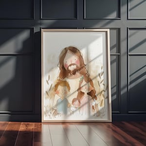 Póster de acuarela de Jesús y los niños, arte mural cristiano para niños, decoración infantil con historias bíblicas, obra espiritual para la escuela dominical
