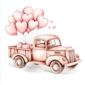 Romantic Pink Truck Clipart with Balloons and Gifts, Valentine&#39;s Day Watercolor Illustration, Love Truck PNG for Cards, Decor & DIY Crafts
