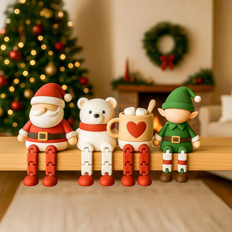 May include: A festive Christmas display featuring Santa Claus, a polar bear, a mug of hot cocoa, and an elf. Each figure has articulated legs and is sitting on a wooden surface. A Christmas tree and fireplace are in the background.