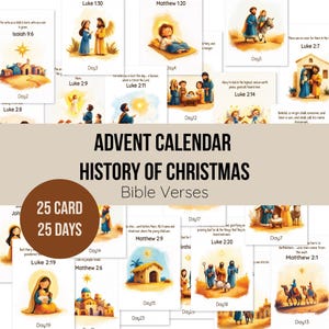 May include: An Advent calendar with 25 cards featuring illustrations and Bible verses about the History of Christmas. The cards display images of biblical scenes and text, including "Advent Calendar History of Christmas Bible Verses".