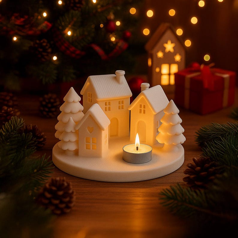 Christmas Village Candle Holder STL, 3D Printable Holiday Decor for