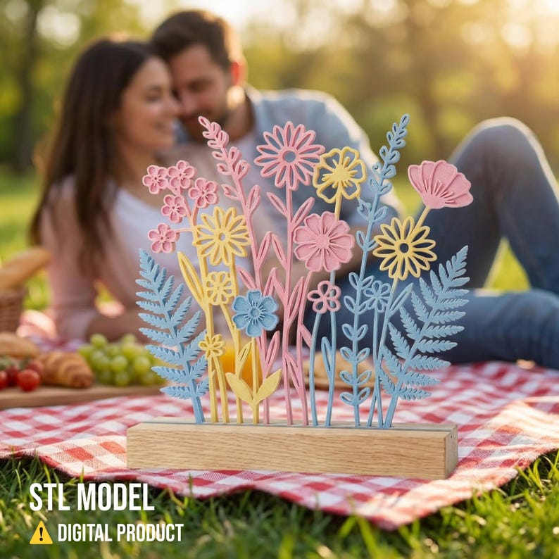 Op de afbeelding: Een kleurrijk bloemstuk in pastelkleuren roze, geel en blauw, geplaatst op een houten voet. Het ontwerp bevat verschillende bloemvormen en varenachtige bladeren. De tekst "STL MODEL" en "DIGITAL PRODUCT" is zichtbaar aan de onderkant.