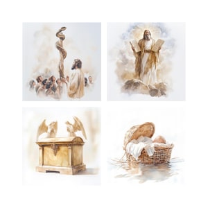 Oltre 50 immagini JPG di personaggi biblici raffiguranti Mosè, clipart digitali, clipart religiose per progetti, illustrazioni di storie bibliche, arte cristiana.