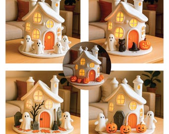 Haunted House Pumpkin Lantern STL Bundle, Set of 5 Halloween Tealight Holder 3D Models, Spooky Candle House Digital Files