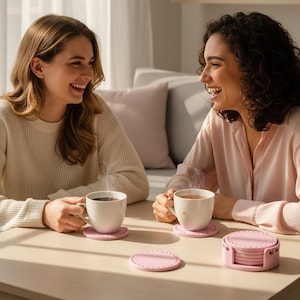 May include: Two women are seated at a table, each holding a white mug. Pink coasters with a dotted edge and a stack of coasters are on the table. The scene is bathed in soft, natural light, creating a warm and inviting atmosphere.