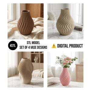 May include: Set of four vase designs in various colors, including brown, beige, and pink. Each vase features a unique, textured, wavy design. The image includes the text "STL MODEL SET OF 4 VASE DESIGNS" and "DIGITAL PRODUCT."