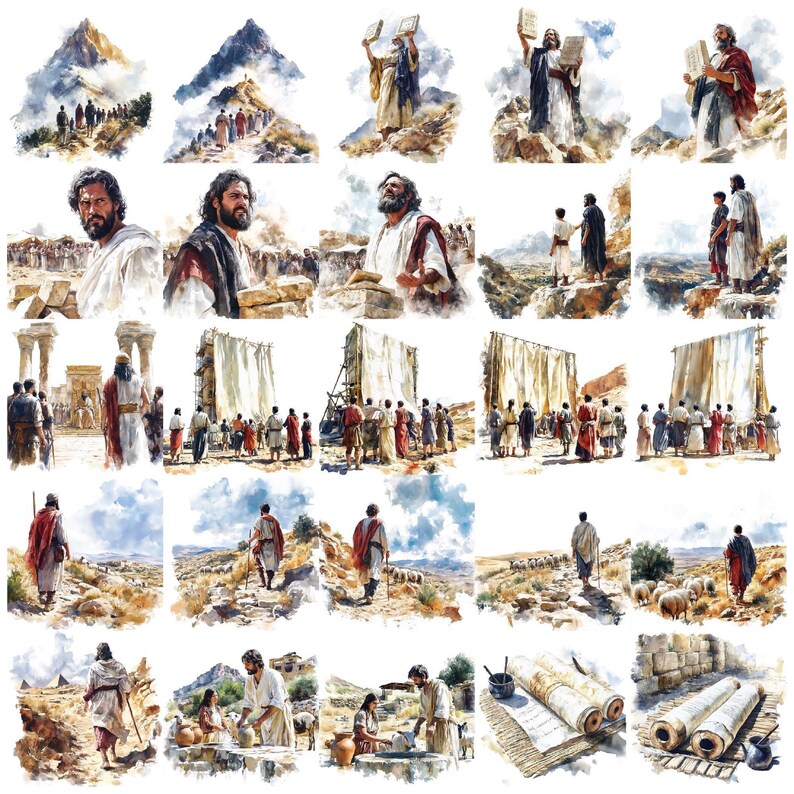Paquete de imágenes prediseñadas bíblicas de Moisés, más de 130 imágenes PNG de arte digital cristiano para la escuela dominical, el estudio bíblico, imprimibles para la iglesia y manualidades religiosas. imagen 6