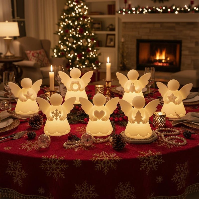 May include: A festive Christmas table setting featuring illuminated angel figurines with various designs, including stars, hearts, and snowflakes. The angels are arranged on a red tablecloth with gold snowflake patterns, surrounded by candles and pinecones.