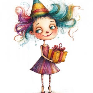 11 cliparts espiègles d'anniversaire de fille au format PNG, illustrations amusantes à l'aquarelle pour les célébrations, la fabrication de cartes, les décorations de fête et les projets de bricolage créatifs