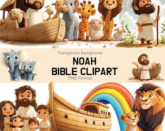 Noah Bibelgeschichte Clipart, niedliches christliches PNG-Set mit der Arche Noah, Tieren und Regenbogen, Kinderbibelkunst für die Sonntagsschule
