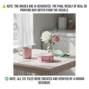 May include: A pink ceramic mug and a set of pink coasters in a holder sit on a light-colored table. A vase of flowers with white and pink blooms and a green cloth are also on the table. The image text says, "NOTE: THE IMAGES ARE AI-GENERATED."