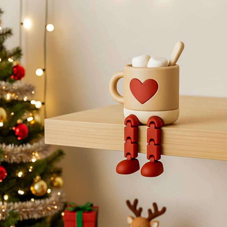 May include: A whimsical beige mug with a red heart, marshmallows, and a spoon. The mug has articulated red legs and feet, giving it a playful appearance. A festive holiday decoration.
