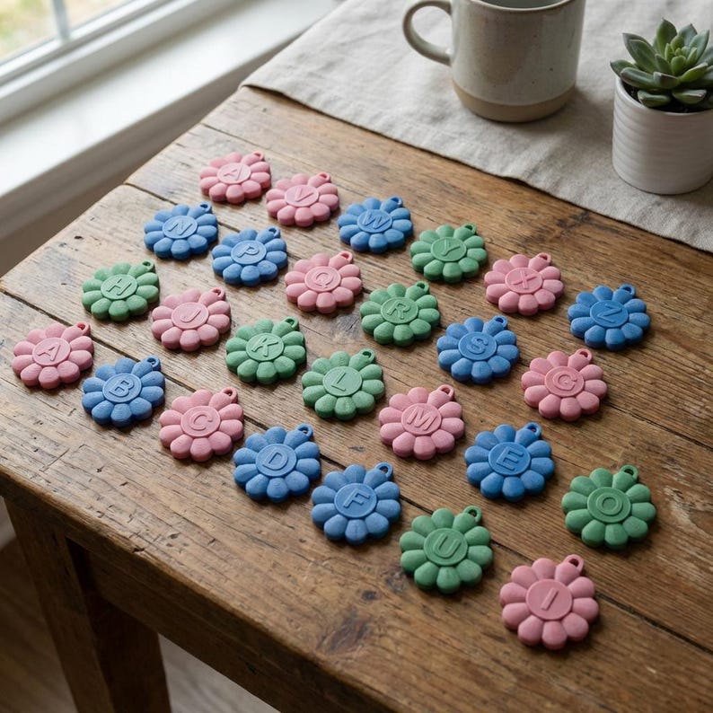 May include: A collection of colorful, flower-shaped alphabet charms in pink, blue, and green, arranged on a rustic wooden table. Each charm features a different letter of the alphabet. A mug and a small potted succulent are in the background.