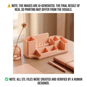 May include: A peach-colored desk organizer with multiple compartments, including pen holders and small trays. A pen, notebook, and a small vase with a dried flower are also on the desk. The text in the image says: "NOTE: THE IMAGES ARE AI-GENERATED. THE FINAL RESULT OF REAL 3D PRINTING MAY DIFFER FROM THE VISUALS." and "NOTE: ALL STL FILES WERE CREATED AND VERIFIED BY A HUMAN DESIGNER."