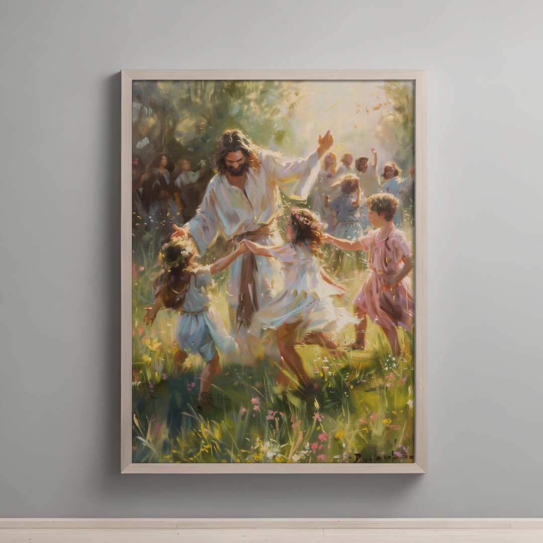 Joyful Jesus With Children Digital Print, Whimsical Christian Wall Art ...
