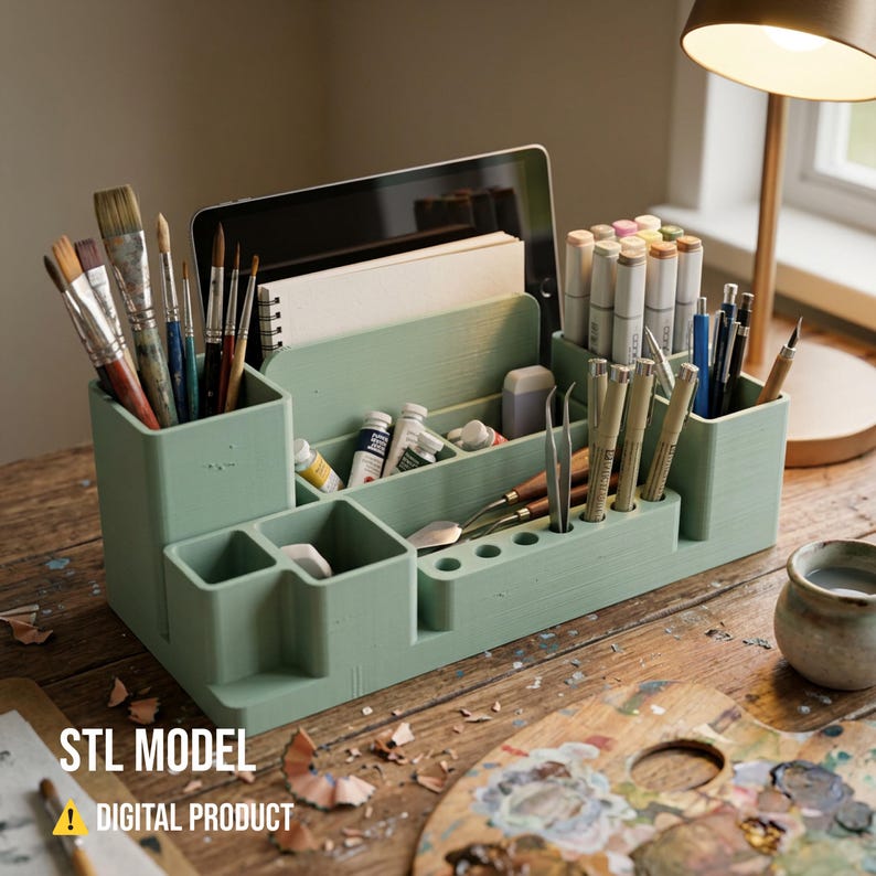 May include: A mint green desk organizer filled with art supplies, including paintbrushes, pens, markers, and paint tubes. A tablet and notepad are in the back. The text "STL MODEL" and "DIGITAL PRODUCT" are at the bottom.