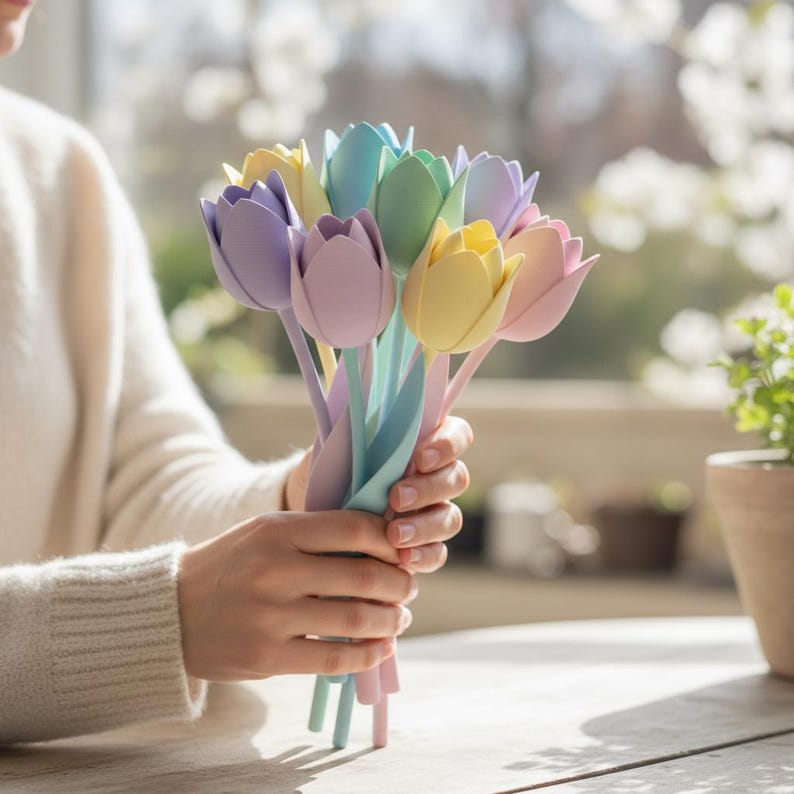 May include: A bouquet of pastel-colored tulip pens in shades of purple, pink, yellow, blue, and green. The pens are held in a person's hands. The background is blurred, with a window and a potted plant visible.