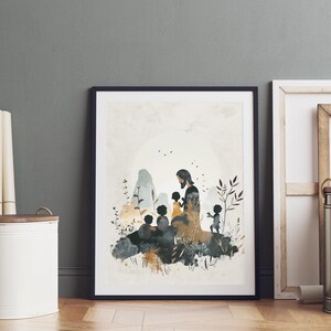 Póster de Jesús jugando con niños, arte mural cristiano, decoración religiosa para habitación infantil, impresión para escuela dominical, obra de fe y alegría.