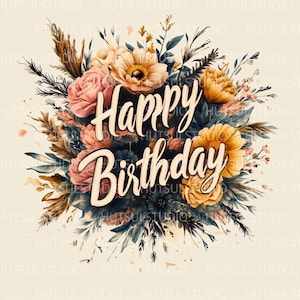 Feliz aniversário, palavra, clip art, em, uma, guirlanda floral, vibrante, aquarela, design, para, convites, scrapbooking, &, artesanato, presente, para, ela