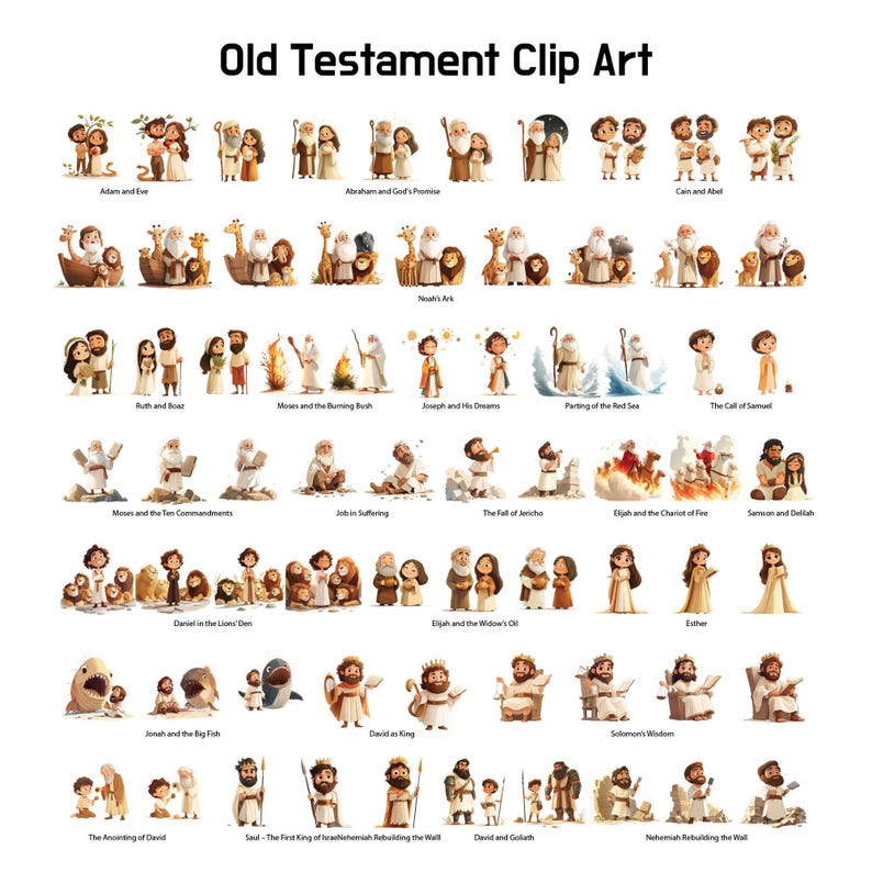 Immagini clipart dell'Antico Testamento, set di 100 storie bibliche per bambini in stile cartone animato in formato PNG, clipart cristiane digitali per la scuola domenicale e i lavoretti religiosi. immagine 5