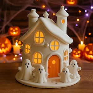 Może przedstawiać: Biały ceramiczny dom na Halloween z pomarańczowymi drzwiami i świecącymi oknami. Pięć małych białych figurek duchów stoi przed domem. Tło obejmuje podświetlane dynie i pajęczynę.
