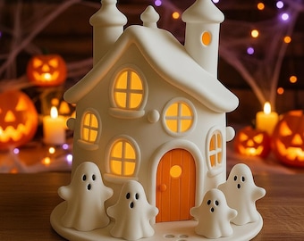 Spookhuis 3D-model STL, Halloween spookhuis theelichthouder, griezelige spookdecoratie, 3D-printbaar kaarsenhouderbestand