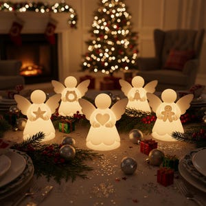 May include: A festive Christmas table setting featuring six glowing angel figurines with various cut-out designs. The angels are surrounded by Christmas decorations, including ornaments, gifts, and greenery, with a lit Christmas tree in the background.