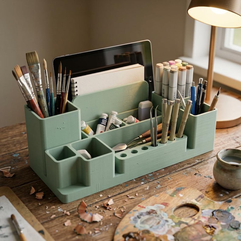May include: A mint green artist's desk organizer filled with paintbrushes, pens, markers, paint tubes, and a tablet. The organizer has multiple compartments and slots for various art supplies, sitting on a wooden desk with a palette and lamp.