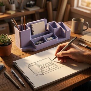 May include: A light purple desk organizer with compartments for pens, pencils, a notepad, and other supplies. A person is drawing a sketch of the organizer on a white notepad with a pen. A small succulent plant in a terracotta pot is on the desk.