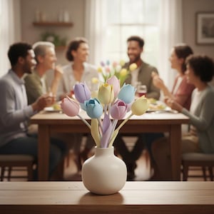 May include: A white ceramic vase holds a bouquet of pastel-colored tulip stems. The tulips are in shades of pink, lavender, yellow, and blue. The vase sits on a wooden table in front of a dining table where a group of people are seated.
