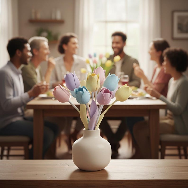 May include: A white ceramic vase holds a bouquet of pastel-colored tulip stems. The tulips are in shades of pink, lavender, yellow, and blue. The vase sits on a wooden table in front of a dining table where a group of people are seated.