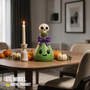 Halloween-dryckflaska i STL-format, dödskallepropp med giftburk i 3D-utskriftsfil, söt, läskig skrivbordsdekorationsfigur, digital nedladdning i STL-format
