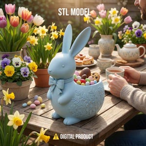 Påskhare godishållare STL, 3D-utskrivbar kaninkorg för godis, blommig kanin presentask 3D-modell, vårhelg bordsdekor STL-fil