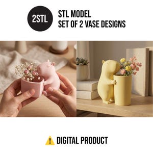 Söt kapybaravas i STL-format, 2 djurplanteringsdesigner, 3D-utskrivbar blomkruka, kawaii skrivbordsdekor, present till kapybaraälskare, digital STL