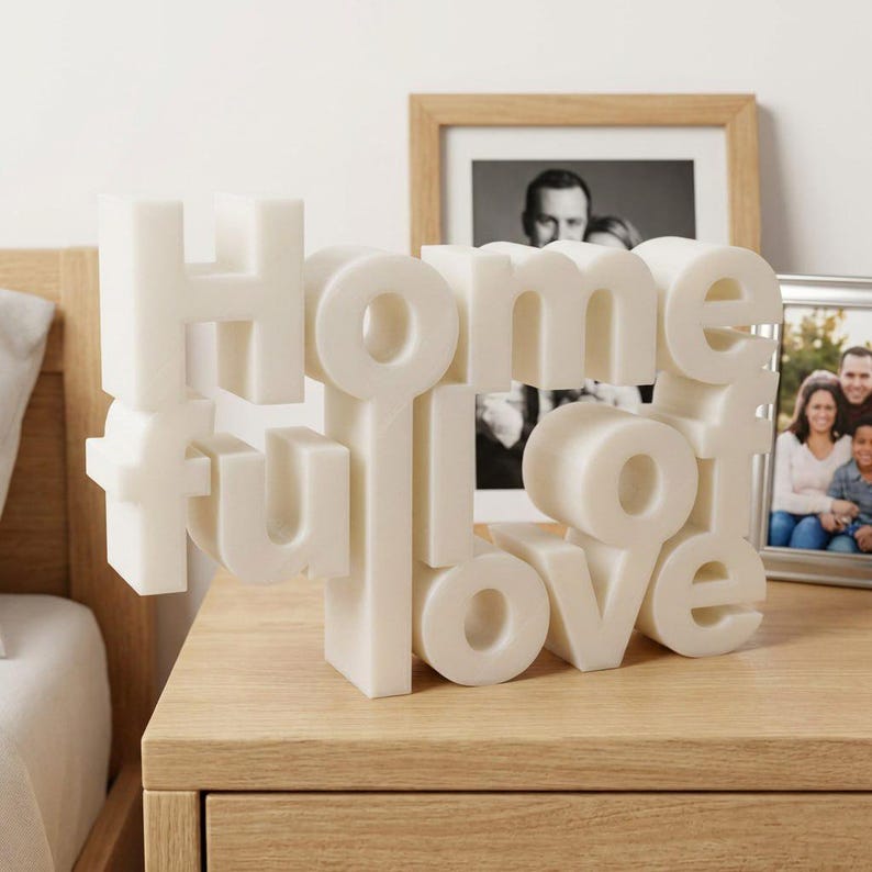 K&ouml;nnte beinhalten: Eine wei&szlig;e, dreidimensionale Skulptur mit der Aufschrift "Home full of love". Die Buchstaben sind in einer abgerundeten, serifenlosen Schriftart gehalten. Die Skulptur steht auf einem Nachttisch aus Holz, mit gerahmten Fotos im Hintergrund.