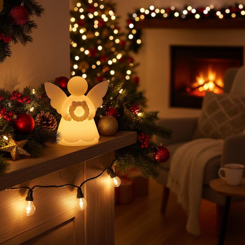 May include: A glowing angel-shaped lamp with outstretched wings and a wreath detail, set on a wooden surface. The lamp is surrounded by Christmas decorations, including ornaments, pine branches, and string lights, creating a festive holiday scene.