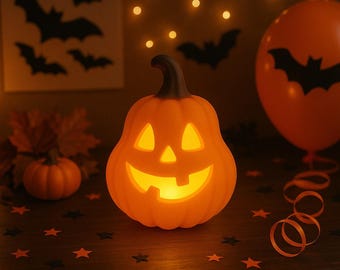 May include: A glowing orange pumpkin lantern with a carved face, ideal for Halloween. The pumpkin has a dark stem and a lit interior. The background features a small pumpkin, an orange balloon, and bat decorations.
