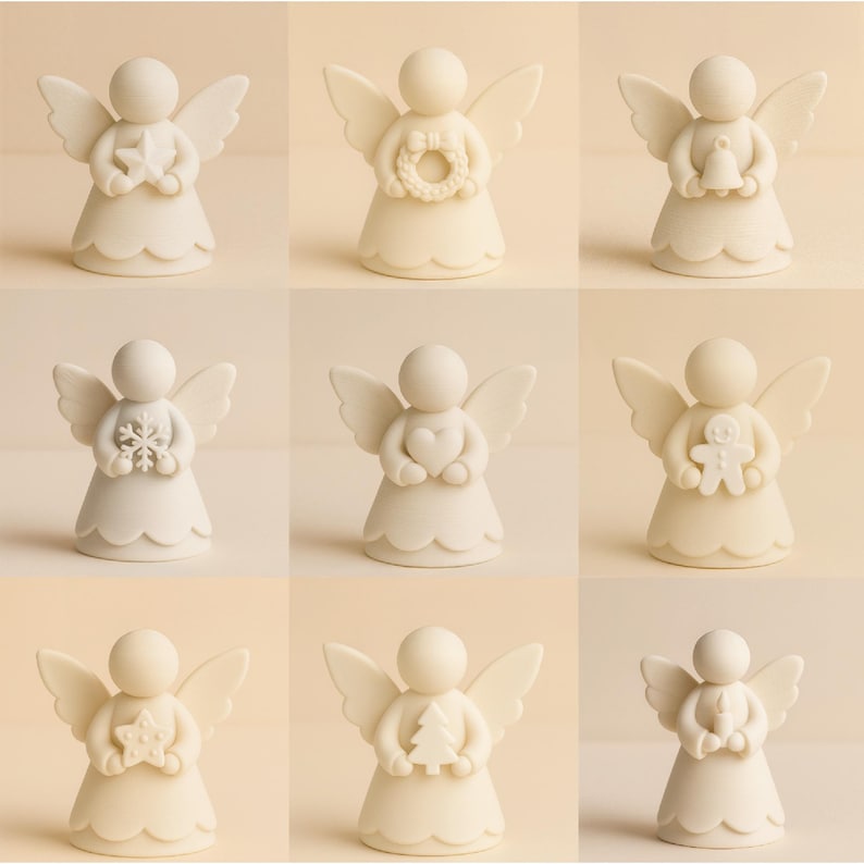 May include: Nine ivory-colored angel figurines with different objects. Each angel has wings and a scalloped skirt. The angels hold a star, wreath, bell, snowflake, heart, gingerbread man, star, Christmas tree, and a bell.