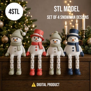 Peut inclure: Un ensemble de quatre figurines de bonhomme de neige aux jambes articulées, portant chacune un chapeau et une écharpe de différentes couleurs, notamment vert sauge, rouge et bleu marine. Le texte 4STL, STL MODEL SET OF 4 SNOWMAN DESIGNS et DIGITAL PRODUCT est visible.