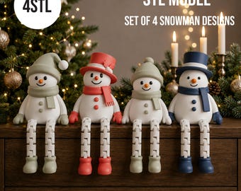 May include: A set of four snowman figurines with articulated legs, each wearing a hat and scarf in different colors including sage green, red, and navy blue. The text 4STL, STL MODEL SET OF 4 SNOWMAN DESIGNS, and DIGITAL PRODUCT are visible.