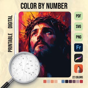 Jesus Color by Number, Digital Art for Adults, Printable Christian Coloring Page, Digital Download, Color by Number, Bible Art Painting
