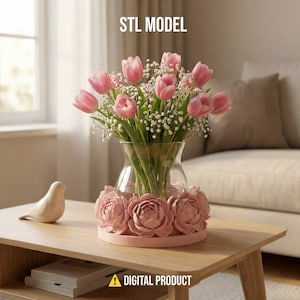 May include: A glass vase filled with pink tulips and white gypsophila, resting on a pink floral base. A small, white ceramic bird is on a wooden table. The text "STL MODEL" and "DIGITAL PRODUCT" are visible.